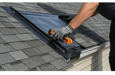 man working on roof flashing