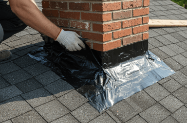 man working on roof flashing on a roof